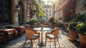 encantador europeo café terraza en un soleado guijarro calle foto