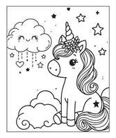 sencillo unicornio colorante página con unicornio y nube vector