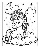 sencillo unicornio colorante página con unicornio y nube vector