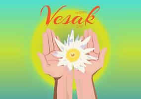 fingers of both hands holding a beautiful lotus flower that is blooming happy vesak day background light green gradient vector