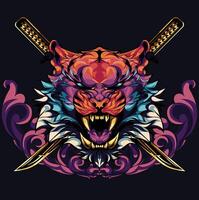 Tiger samurai illustration with sword behind vector