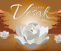 beautiful white lotus flowers blooming candle burning on river water temple background brown silhouette gold happy vesak day vector