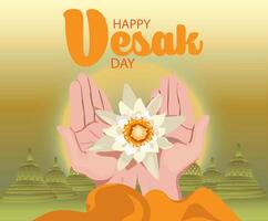 fingers of both hands of the monk in orange uniform holding beautiful lotus flowers that are blooming with the background of Borobudur Temple Happy Vesak gold background vector