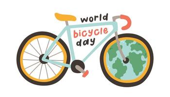 mundo bicicleta día 3 junio con bicicleta y planeta tierra. lata ser usado para póster, bandera, antecedentes y fondo de pantalla. vector