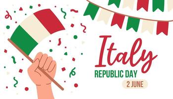 Italia república día saludo tarjeta, bandera con modelo texto ilustración. italiano monumento fiesta 2do de junio vector