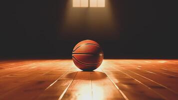 Basketball ball lies on the floor in the gym photo