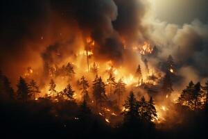 Large forest fire. Strong fire with smoke photo