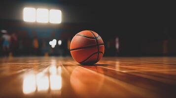 Basketball ball lies on the floor in the gym photo