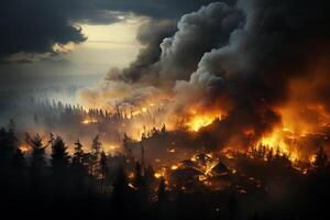 Large forest fire. Strong fire with smoke photo