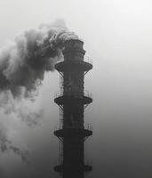 There is smoke coming from a tall old factory chimney. Environmental contamination. Black and white shooting photo