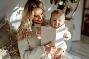 madre leyendo blanco libro con niño . foto