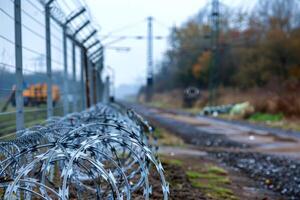 A closeup of the barbed wire on top of an outdoor fence symbolizing security and protection photo