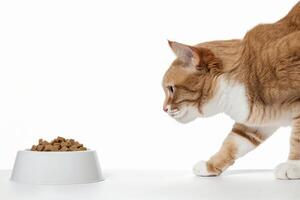 kitten cat sitting near the bowl of pet food. photo