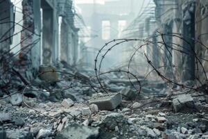 a fallen buildings with concrete in the barbed wire on top of an outdoor fence symbolizing security and protection photo