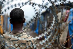 A man in of the barbed wire on top of an outdoor fence symbolizing security and protection photo