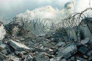 A closeup of the barbed wire on top of an outdoor fence symbolizing security and protection photo