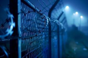 A closeup of the barbed wire on top of an outdoor fence symbolizing security and protection photo