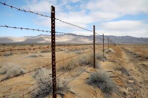 A closeup of the barbed wire on top of an outdoor fence symbolizing security and protection photo