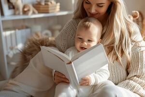 madre leyendo blanco libro con niño . foto