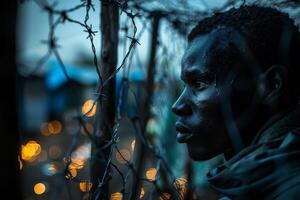 A man in the barbed wire on top of an outdoor fence symbolizing security and protection photo