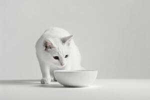 kitten cat sitting near the bowl of pet food. photo