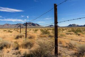 A closeup of the barbed wire on top of an outdoor fence symbolizing security and protection photo