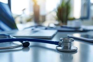 Close up a medical doctor stethoscope on the digital tablet on the table. photo