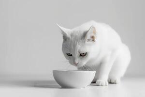 kitten cat sitting near the bowl of pet food. photo