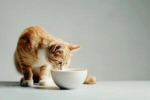 kitten cat sitting near the bowl of pet food. photo