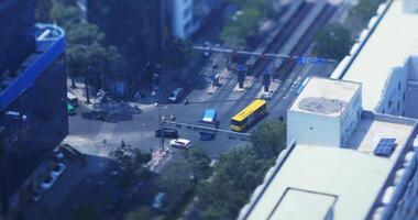 A traffic jam at the miniature busy town in Ho Chi Minh high angle tiltshift video