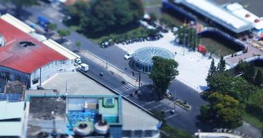 A traffic jam at the miniature busy town in Ho Chi Minh high angle tiltshift video