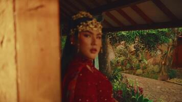 tradizionale asiatico donna nel rosso abbigliamento con oro copricapo, lato profilo, con un' sereno espressione video