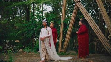 Three women in traditional attire having a conversation in a forest with bamboo structures. video