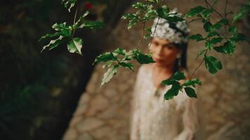 noiva dentro renda vestir com floral capacete em pé debaixo árvore galhos, suave foco, romântico atmosfera. video