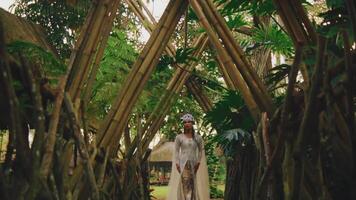 Tropical garden pathway framed by bamboo with a person in the distance. video