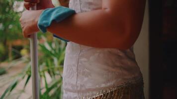 Close-up of a person cleaning a window with a squeegee, focus on arm and tool, blurred background. video