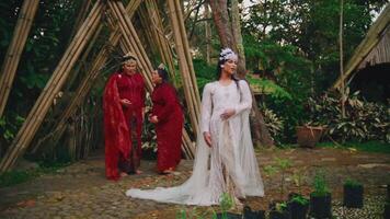 Three women in elegant dresses posing in a garden with rustic wooden structures in the background. video