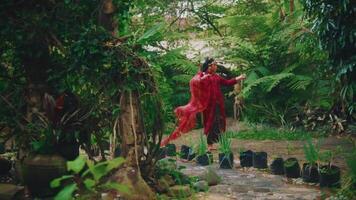 elegant kvinna i röd klänning gående genom en frodig trädgård efter regn, med vibrerande grönska video