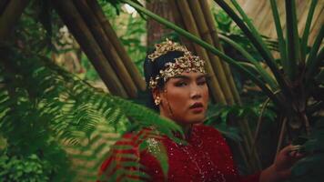 Elegant woman in traditional attire with headpiece among lush greenery. video
