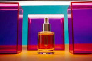 Face oil in glass bottle on yellow and blue background with pink and purple geometric elements and neon light photo