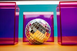Mirror disco ball with pink geometric elements and tube light photo