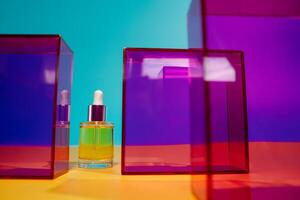 Face oil in glass bottle on yellow and blue background with pink and purple geometric elements photo