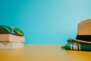 sun hat sunglasses and books on beach towel photo