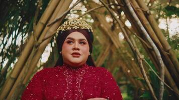 Woman in traditional attire with headscarf posing in bamboo forest. video