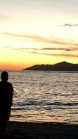 Silhouette von ein Mann Stehen auf das Strand beim Sonnenaufgang video