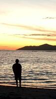 Silhouette von ein Mann Stehen auf das Strand beim Sonnenaufgang video