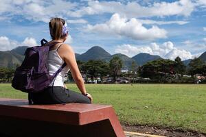 Tourist contemplates the impressive landscape of the Peruvian jungle. photo