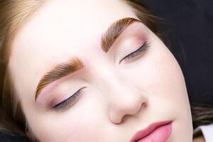 a close-up of the eyebrows of a young model on which hair coloring paints were applied after the lamination procedure photo