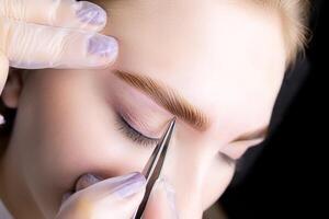 the hands of a close-up master who stretches the tail of the eyebrows and removes excess hairs with tweezers photo