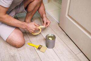 Preparation of tools for painting work. Repair staining the doors with paint. photo